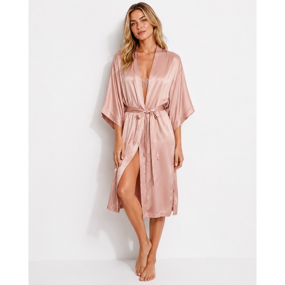 Victorias Secret Satin Kimono Robe Rose Gold‎ Pink Tie Waist XS/S